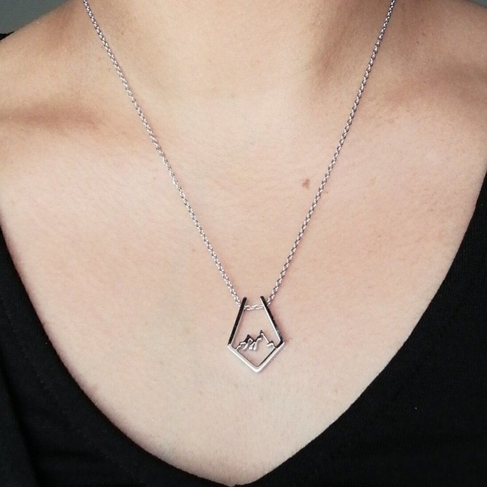 Anthropologie Mountain Skyline Pendant Necklace Silver Stainless Steel Adventure